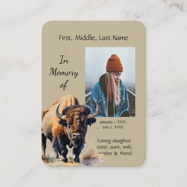 Memorial Memory Card Watercolor Bison Animals (Front)