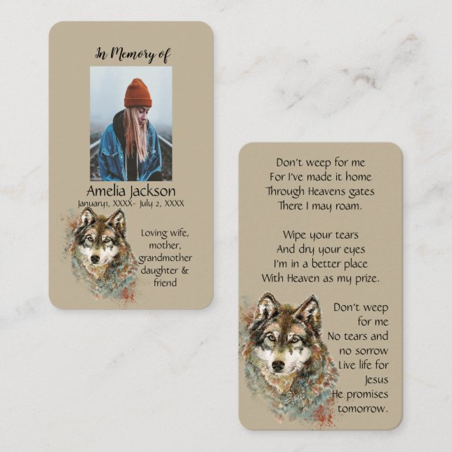 Memorial Memory Card Watercolor Wolf Animals (Front/Back)