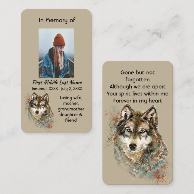 Memorial Memory Card Watercolor Wolf Animals (Front/Back)