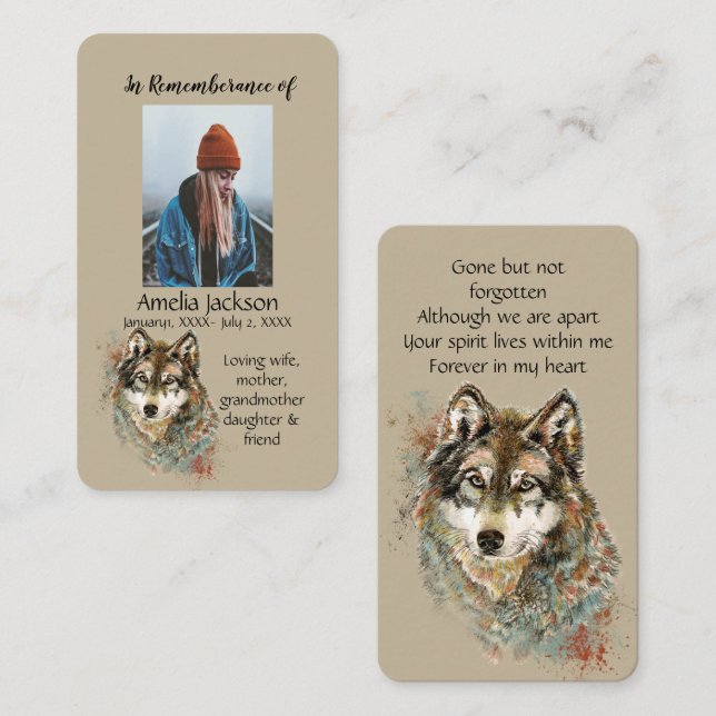 Memorial Memory Card Watercolor Wolf Animals (Front/Back)