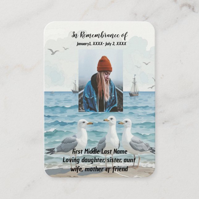 Memorial Memory Ocean Sea Seagulls Beach Business Card (Front)