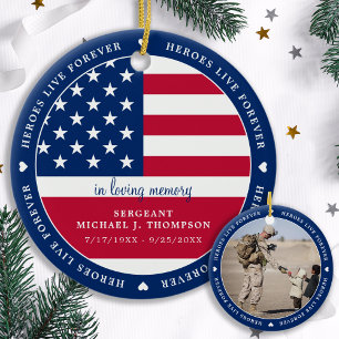 Memorial Military Soldier American Flag Photo Ceramic Tree Decoration