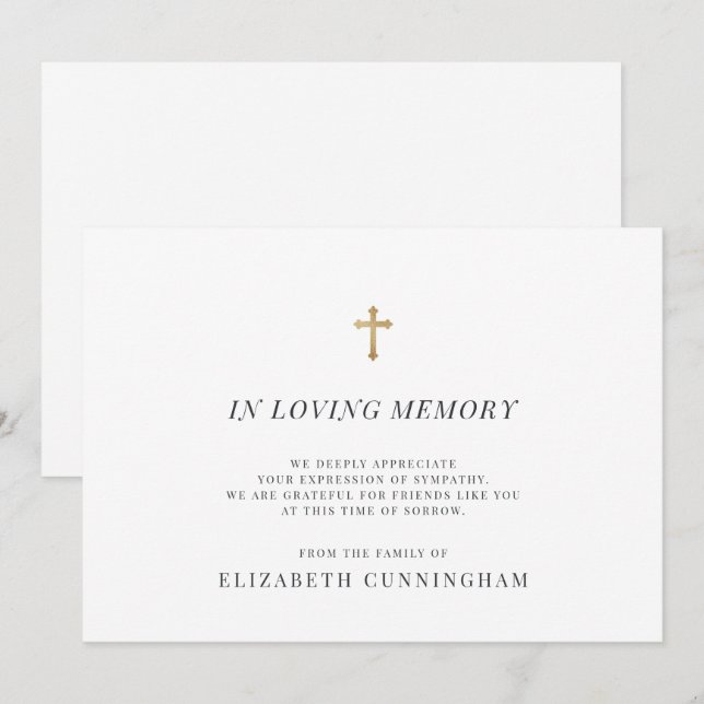 Memorial Modern Faux Gold Cross In Loving Memory Thank You Card (Front/Back)