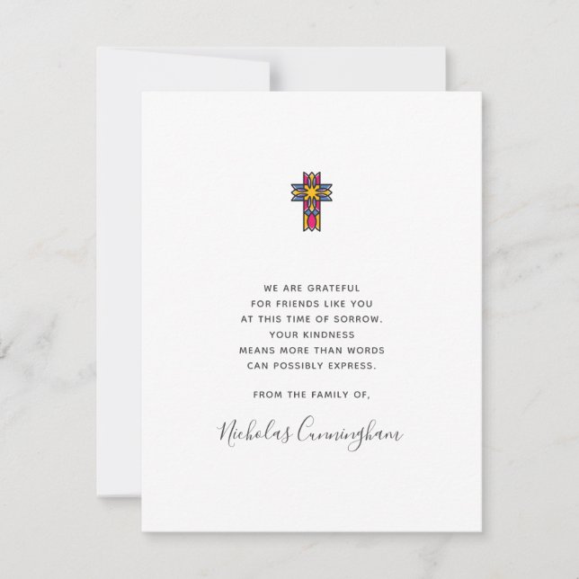 Memorial Modern Ornate Colourful Cross Thank You Card (Front)