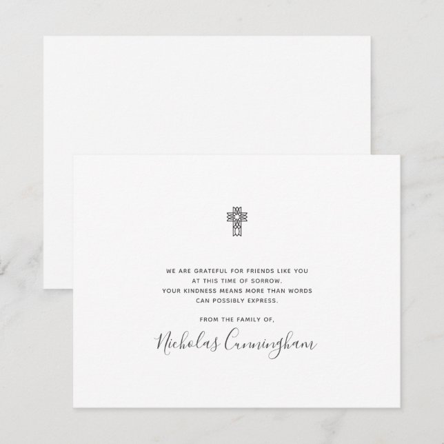 Memorial Modern Ornate Cross Thank You Card (Front/Back)