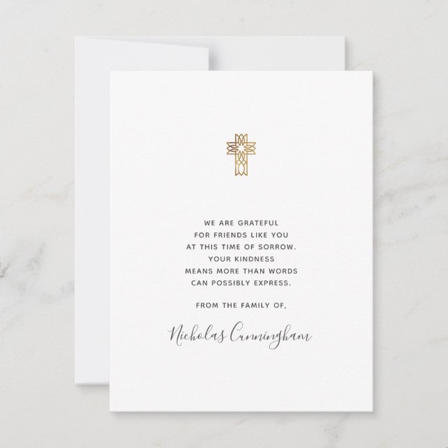 Memorial Modern Ornate Gold Cross Thank You Card (Front)