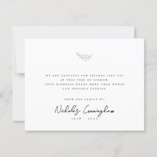 Memorial Modern Simple Elegant Black & White Leaf Thank You Card