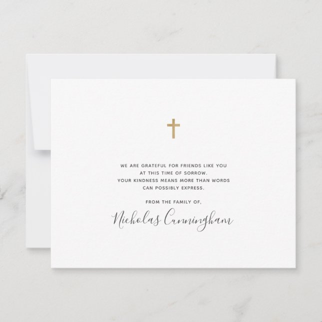 Memorial Modern Simple Faux Gold Cross Thank You Card (Front)