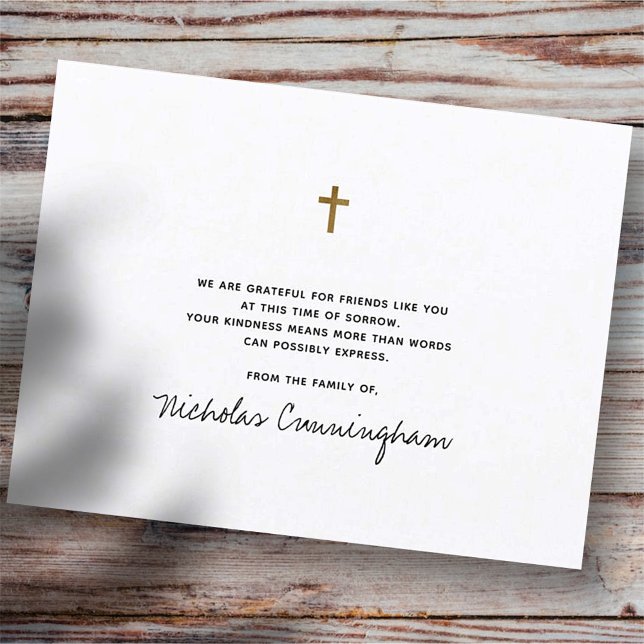Memorial Modern Simple Faux Gold Cross Thank You Card (Creator Uploaded)