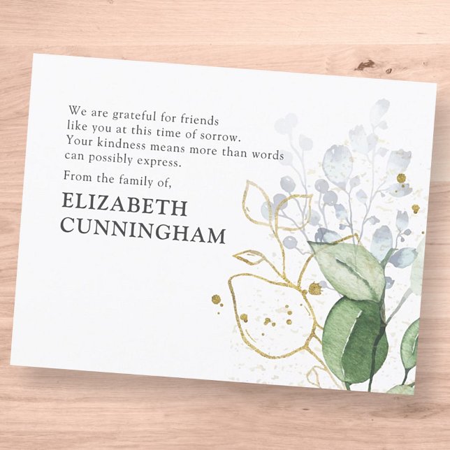 Memorial Modern Watercolor Greenery Foliage Thank You Card (Creator Uploaded)