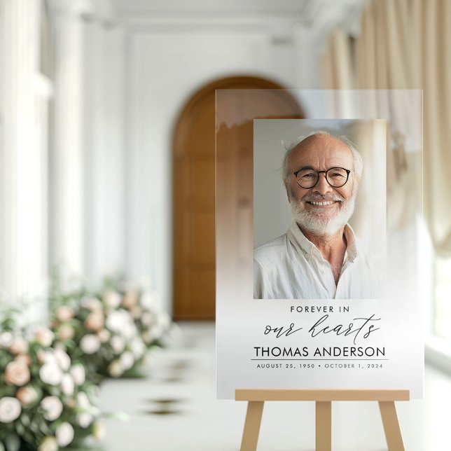 Memorial or Funeral Photo Tribute White Faded Acrylic Sign (Forever in our hearts funeral photo tribute sign)