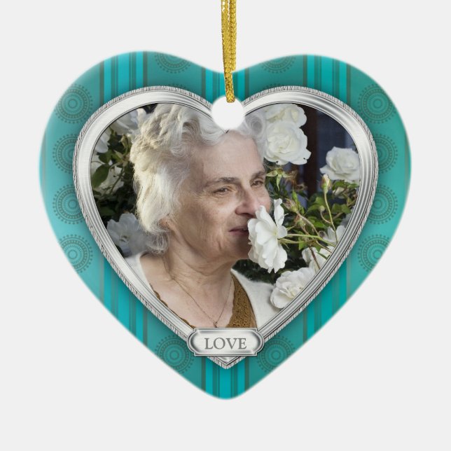 Memorial Photo Aqua Blue Silver Heart Christmas Ceramic Tree Decoration (Front)