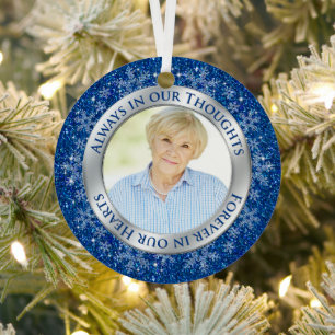 Memorial Photo Blue Always in our Thoughts Xmas Metal Tree Decoration