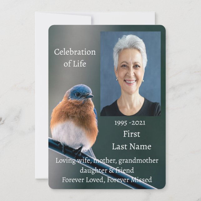 Memorial Photo  Bluebird Garden Bird Invitation (Back)