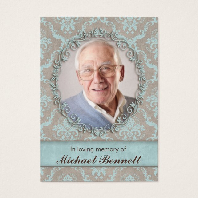 Memorial Photo Card Vintage Damask Blue Brown (Front)