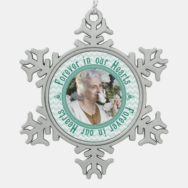 Memorial Photo Christmas Celtic Knot Teal Snowflake Pewter Christmas Ornament (Front)