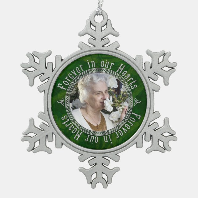 Memorial Photo Christmas Green Silver Celtic Knot Snowflake Pewter Christmas Ornament (Front)