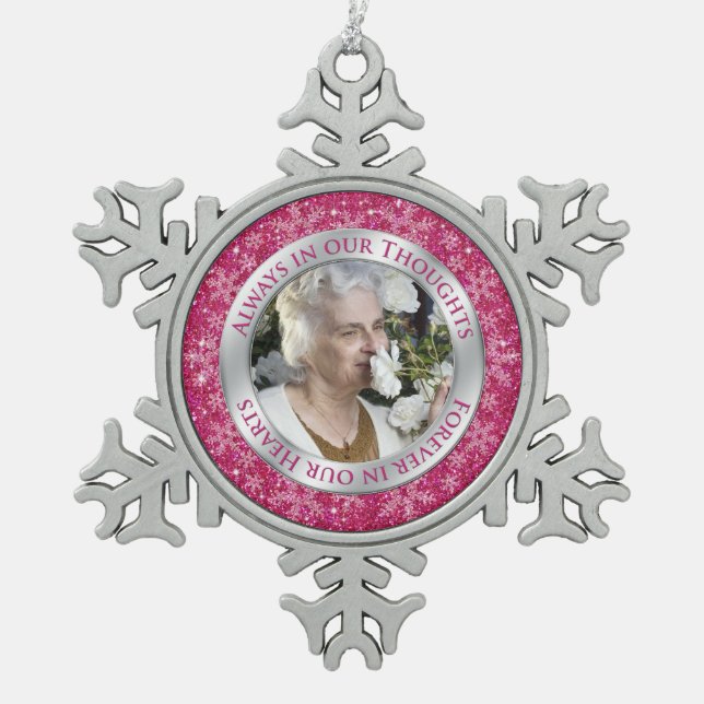 Memorial Photo Christmas Pink Silver Snowflake Pewter Christmas Ornament (Front)
