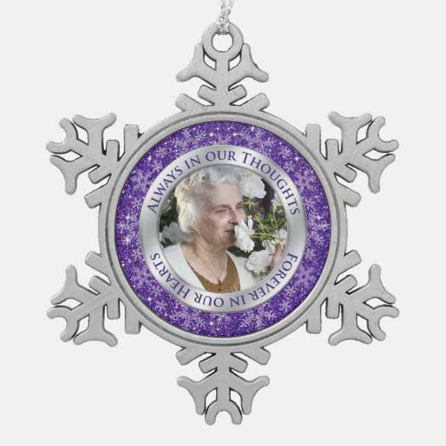 Memorial Photo Christmas Purple Silver Snowflake Pewter Christmas Ornament (Front)