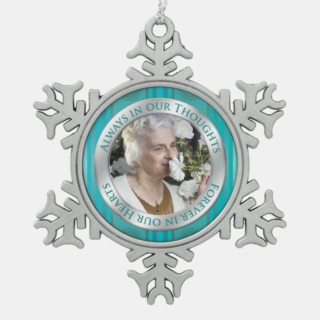 Memorial Photo Christmas Teal Silver Snowflake Pewter Christmas Ornament (Front)