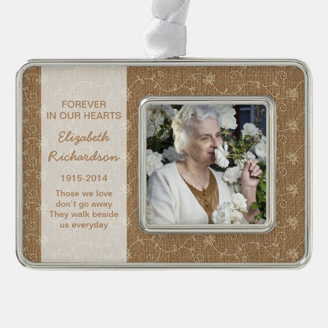Memorial Photo Christmas Xmas Rustic Burlap Lace Silver Plated Framed Ornament (Front)