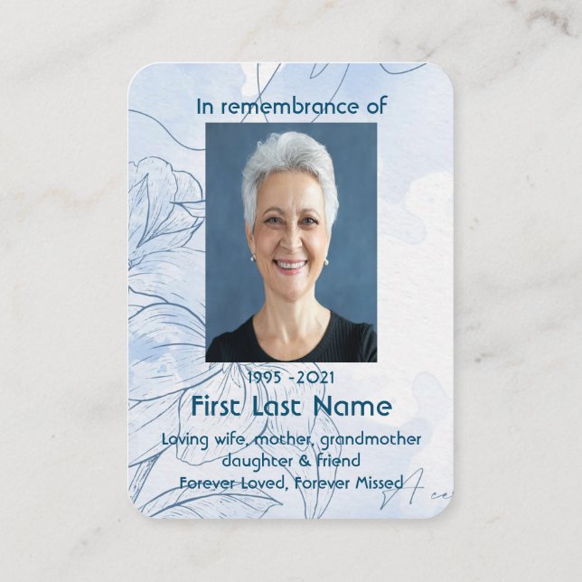 Memorial Photo Custom Blue Foliage Flower Garden  Business Card (Back)