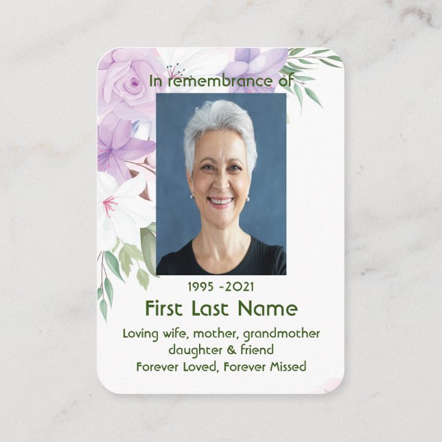 Memorial Photo Custom Purple White Roses Flowers Business Card (Back)