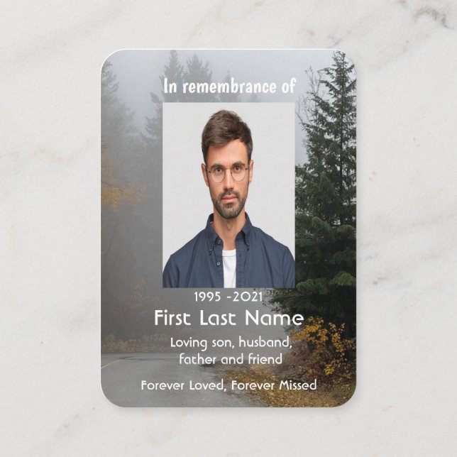 Memorial Photo Foggy Road Trees Keepsake Business Card (Back)