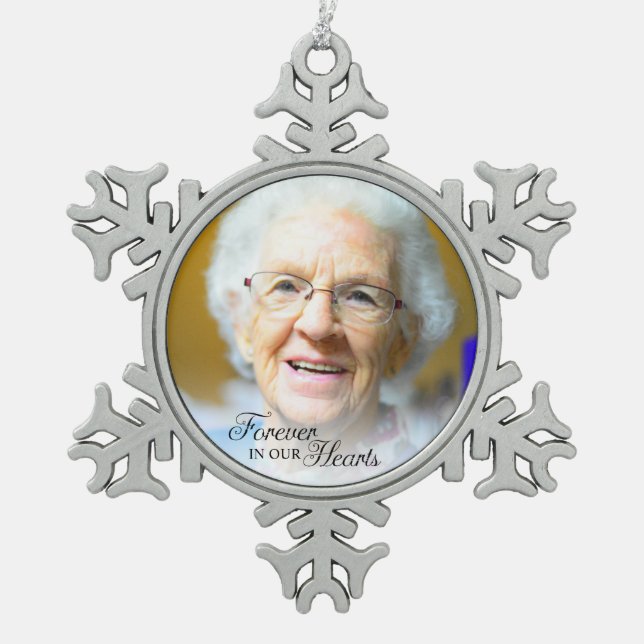 Memorial Photo Forever In Our Hearts Grandmother Snowflake Pewter Christmas Ornament (Front)