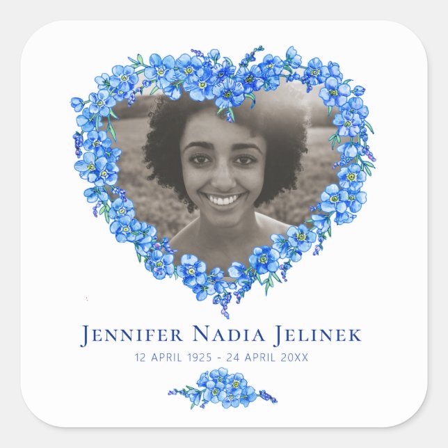 Memorial photo forget-me-nots flower heart wreath square sticker (Front)