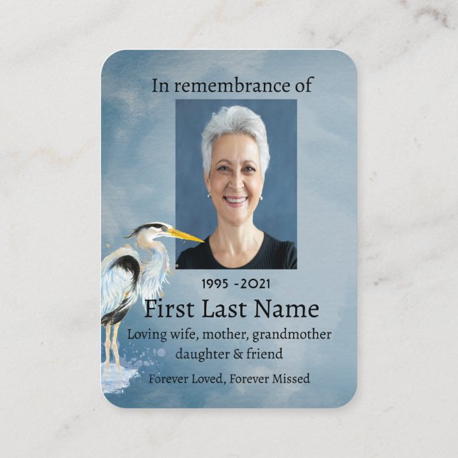 Memorial Photo Great Blue Heron Bird Business Card (Back)