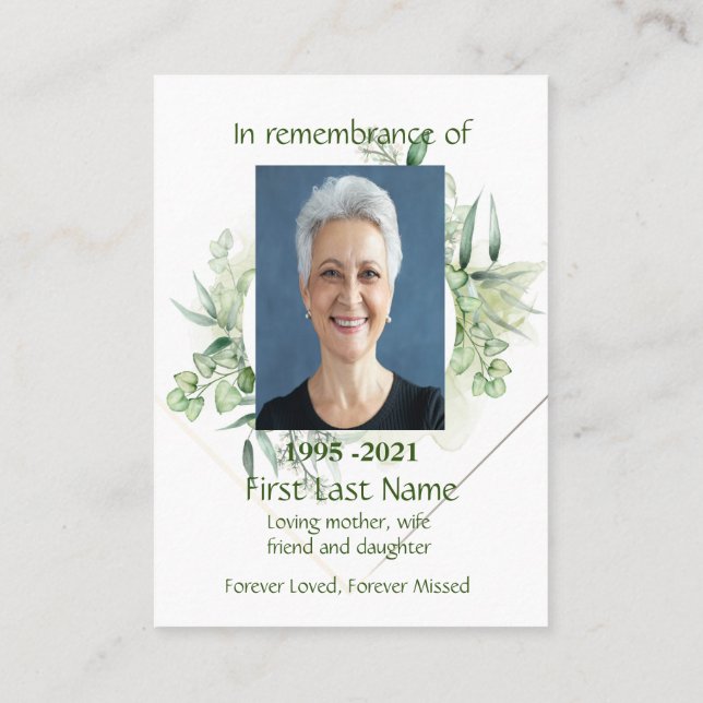 Memorial Photo Green Leaves Botanical Greenery Bus Business Card (Back)