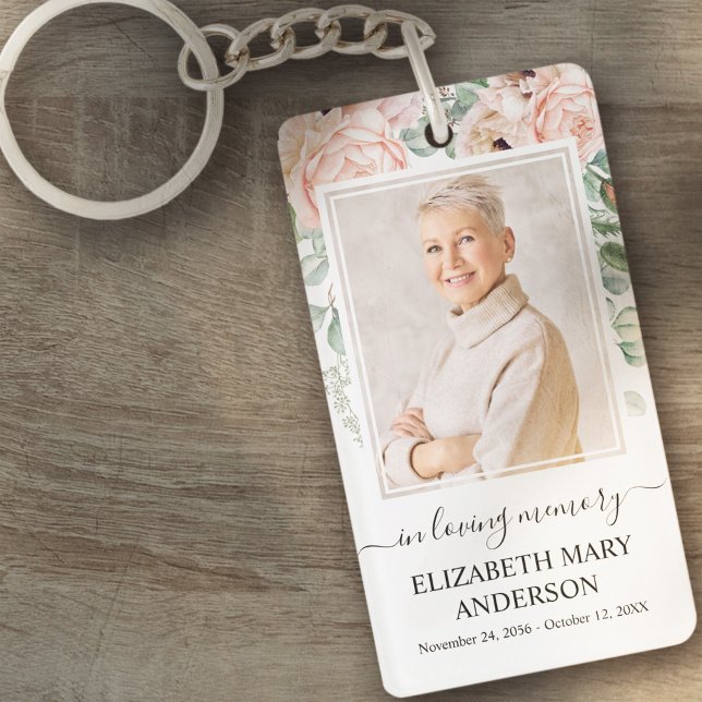 Memorial Photo In Loving Memory Blush Pink Floral Key Ring (Creator Uploaded)