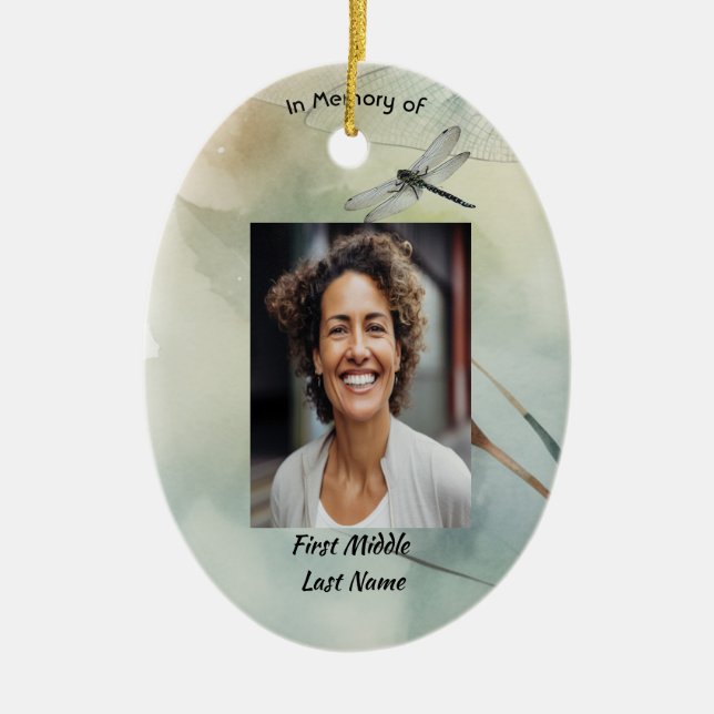 Memorial Photo Keepsake Custom  Dragonfly Ceramic Tree Decoration (Front)