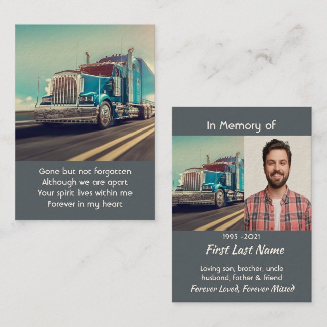 Memorial Photo Keepsake Semi Truck Tractor Trailer Business Card (Front/Back)
