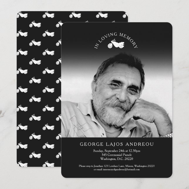 Memorial photo motorcycle funeral invitations (Front/Back)