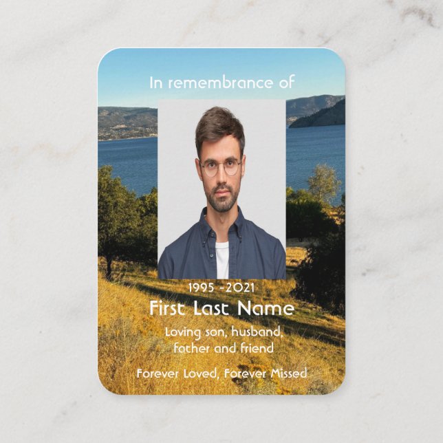 Memorial Photo Orchard Lake Autumn Leaves Keepsake Business Card (Back)