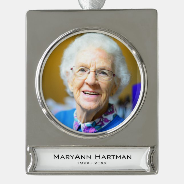 Memorial Photo Personalised Silver Plated Banner Ornament (Front)