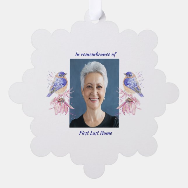 Memorial Photo Poem Bluebird Garden Bird  Tree Decoration Card (Back)