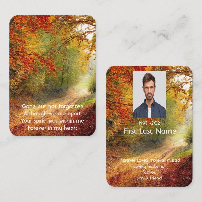 Memorial Photo Prayer Autumn Fall Leaves Forest Business Card (Front/Back)