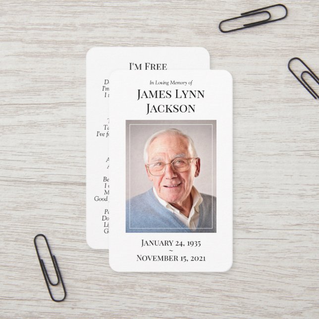 Memorial Photo Prayer Card - I'm Free (Front/Back In Situ)