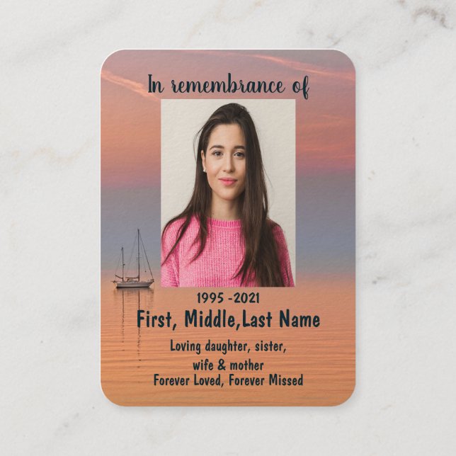 Memorial Photo Prayer Christian Sailboat Water Sky Business Card (Back)