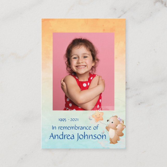 Memorial Photo Prayer Cute Little Bear Children Bu Business Card (Back)