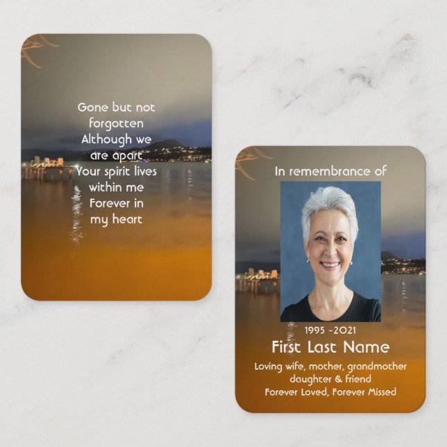 Memorial Photo Prayer Dawn Morning Lake Beach Dock Business Card (Front/Back)