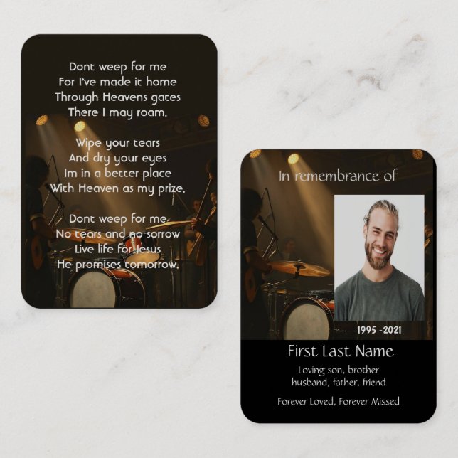 Memorial Photo Prayer Drummer Drums Band Christian Business Card (Front/Back)