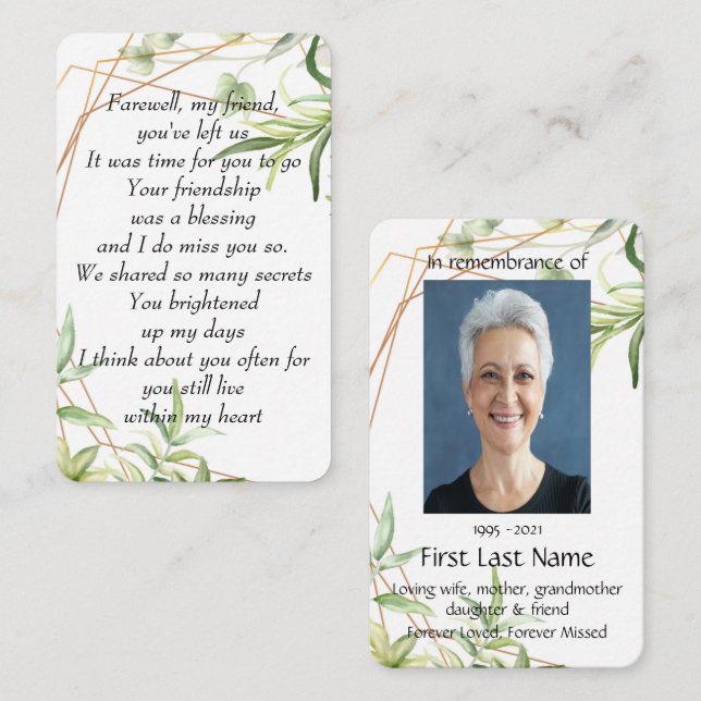 Memorial Photo Prayer Farewell My Friend  Business Card (Front/Back)