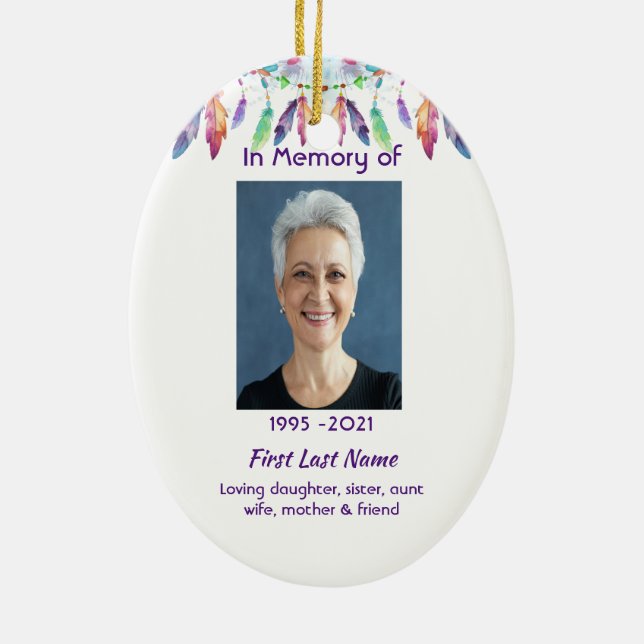 Memorial Photo Prayer Feathers Boho Tribal Native Ceramic Tree Decoration (Back)