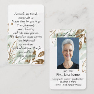 Memorial Photo Prayer Gold Farewell My Friend Business Card