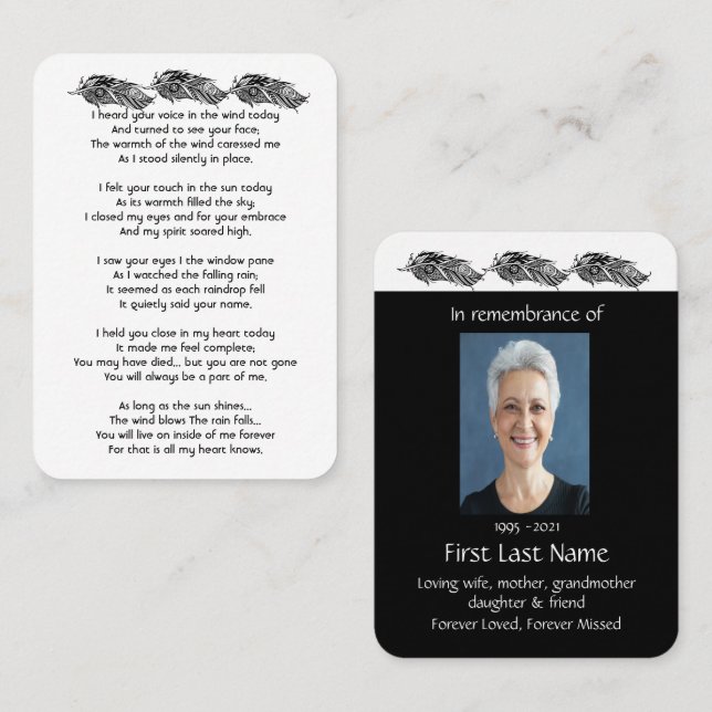 Memorial Photo Prayer Graphic Art Feathers Business Card (Front/Back)