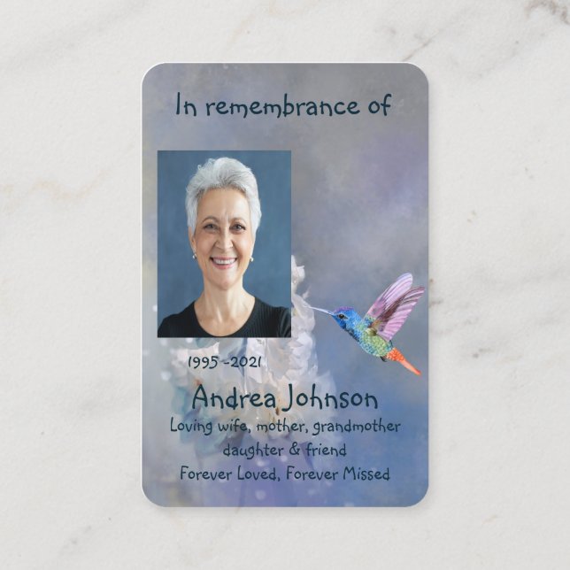 Memorial Photo Prayer Hummingbird White Flowers Bu Business Card (Back)